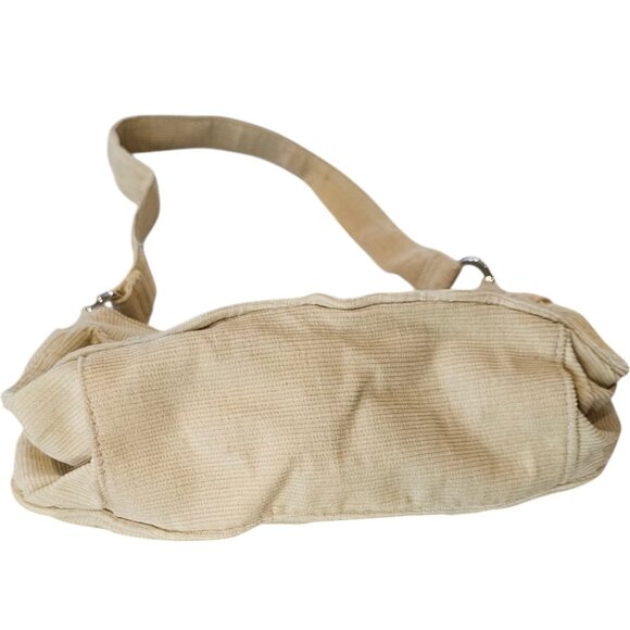 Y2K Tan Corduroy Shoulder Bag Small Beige NWT With Flower Brooch Neutral Mini - Picture 7 of 11